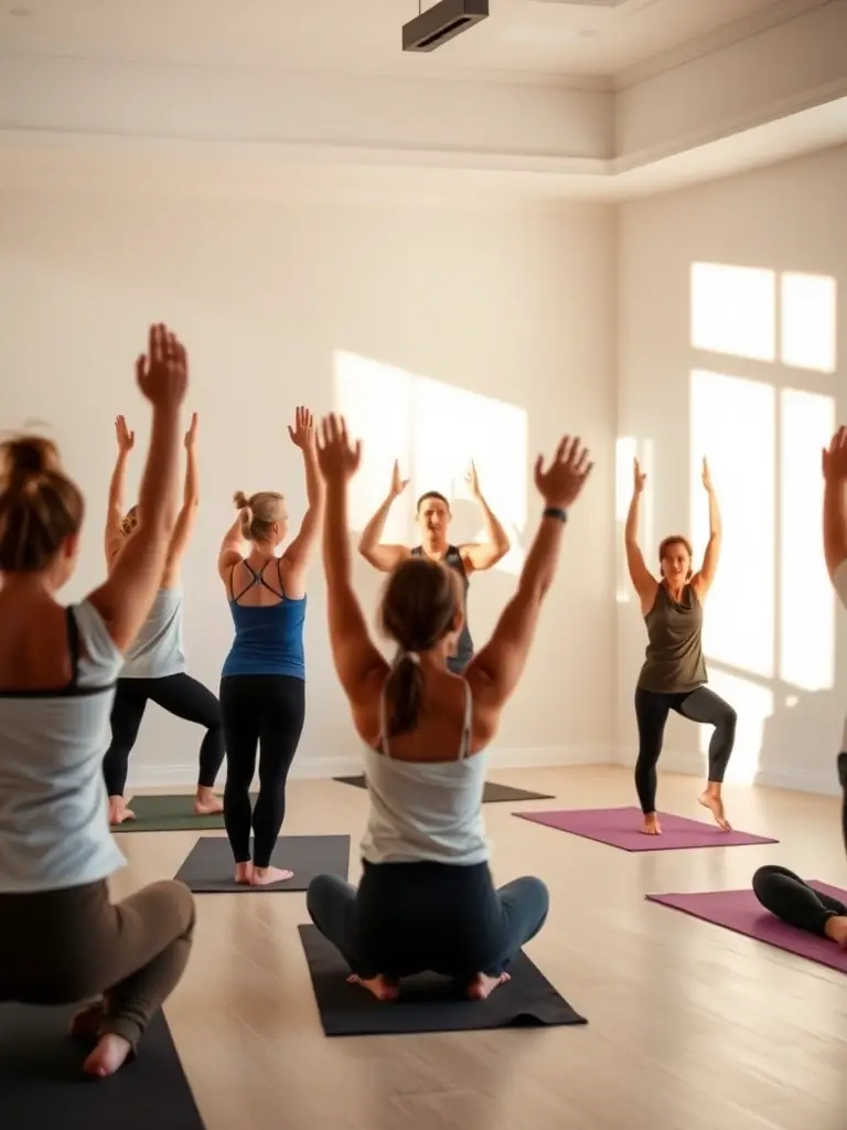 A diverse group of people participating in a yoga class at The Valens Clinic, emphasizing the clinic's commitment to holistic health and wellness.