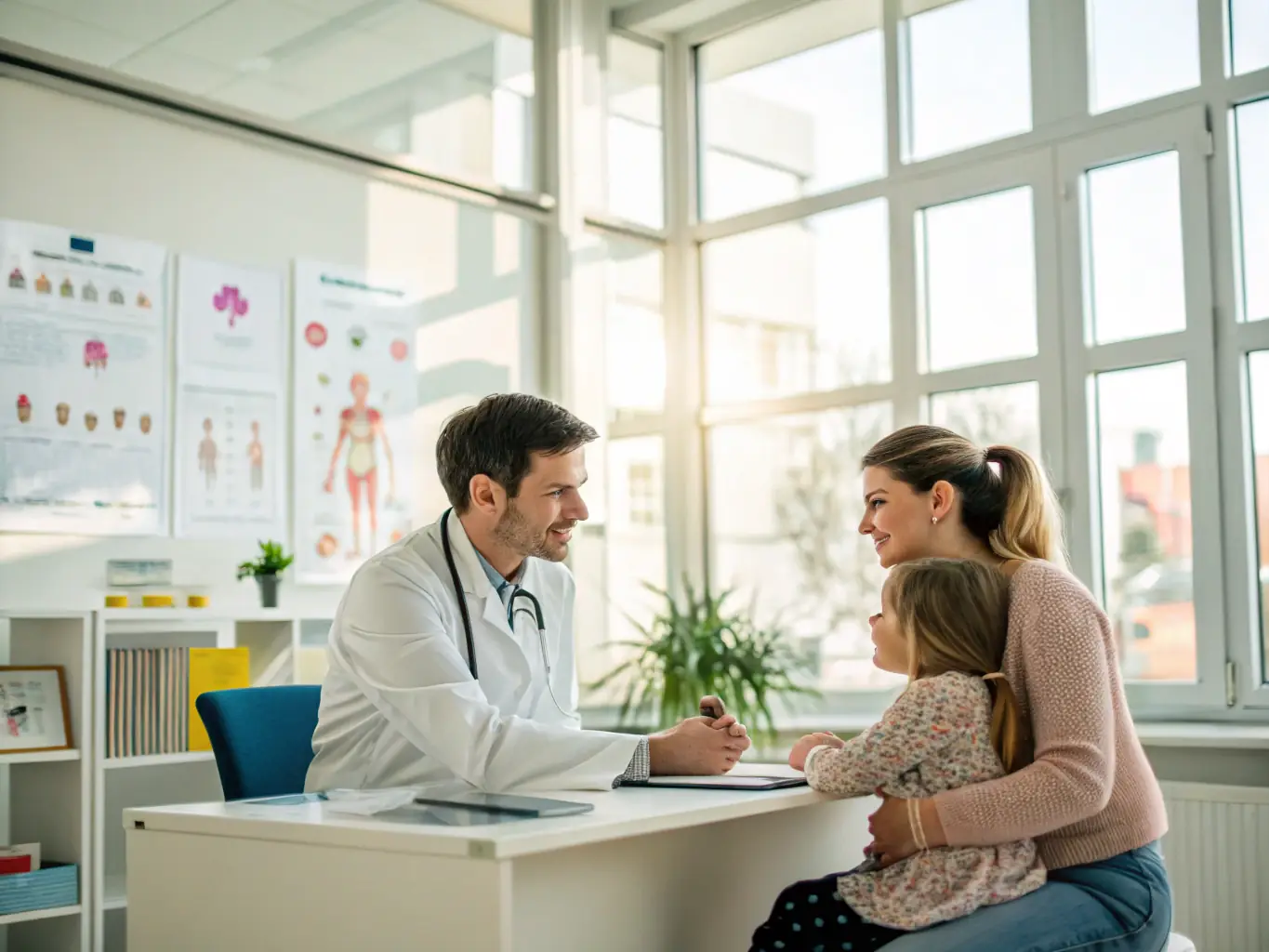 A friendly doctor is talking to a young patient in a brightly lit, child-friendly examination room. The doctor is explaining something with a model, and the child is listening attentively.