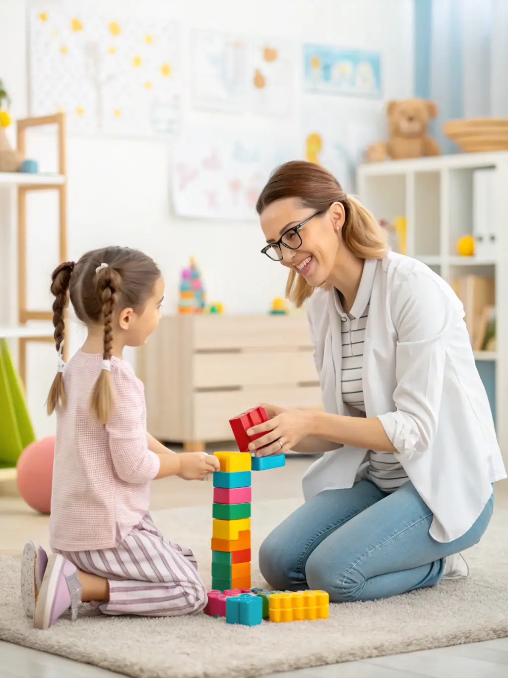 A child psychologist engaging in a play therapy session with a young patient, using toys and games to facilitate communication and emotional healing.