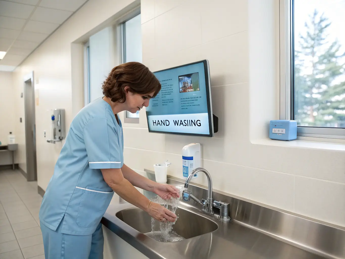 A nurse is demonstrating proper hand-washing techniques to a group of young children in a playful and interactive manner. The children are laughing and engaged in the activity.