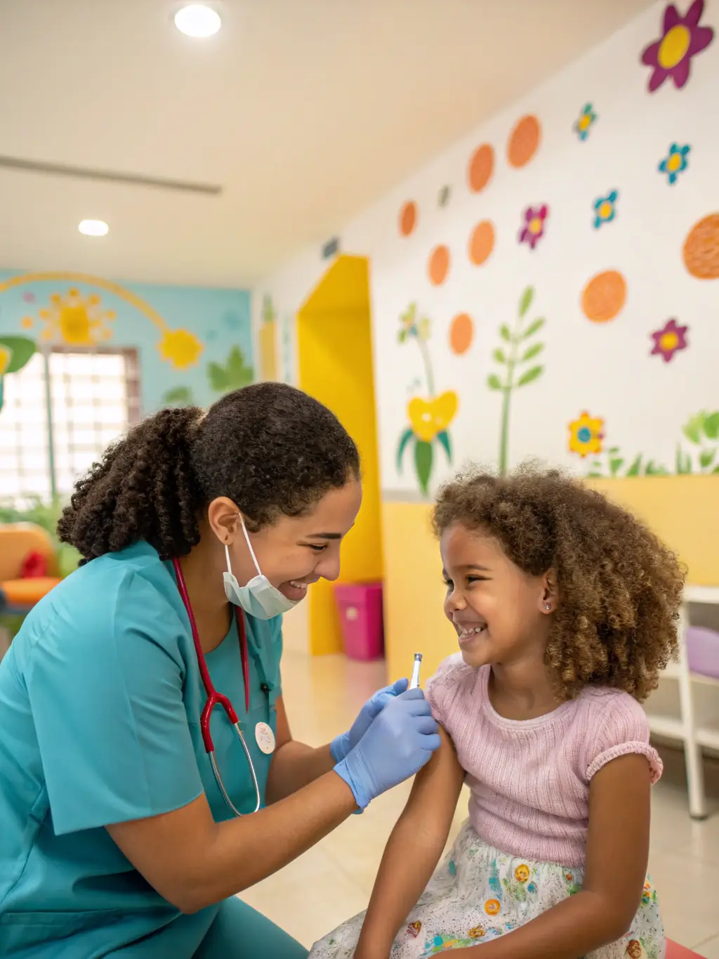 A cheerful young girl receiving a vaccination from a friendly nurse in a brightly lit clinic room, designed to reassure and comfort young patients.