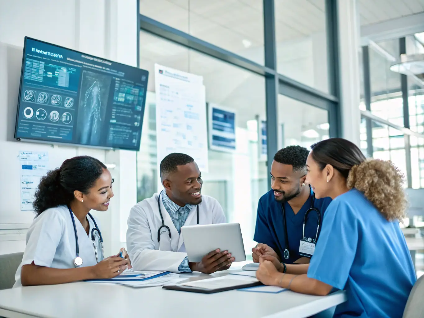 A diverse team of healthcare professionals collaborating in a bright, modern clinic setting, symbolizing teamwork and comprehensive care.