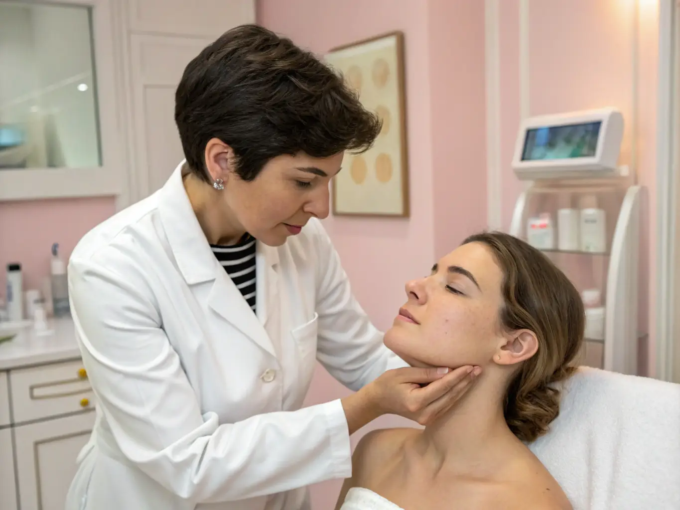 A friendly doctor in a white coat smiling and consulting with a patient in a well-lit examination room at Valens Clinic. The focus is on creating a warm and reassuring atmosphere.