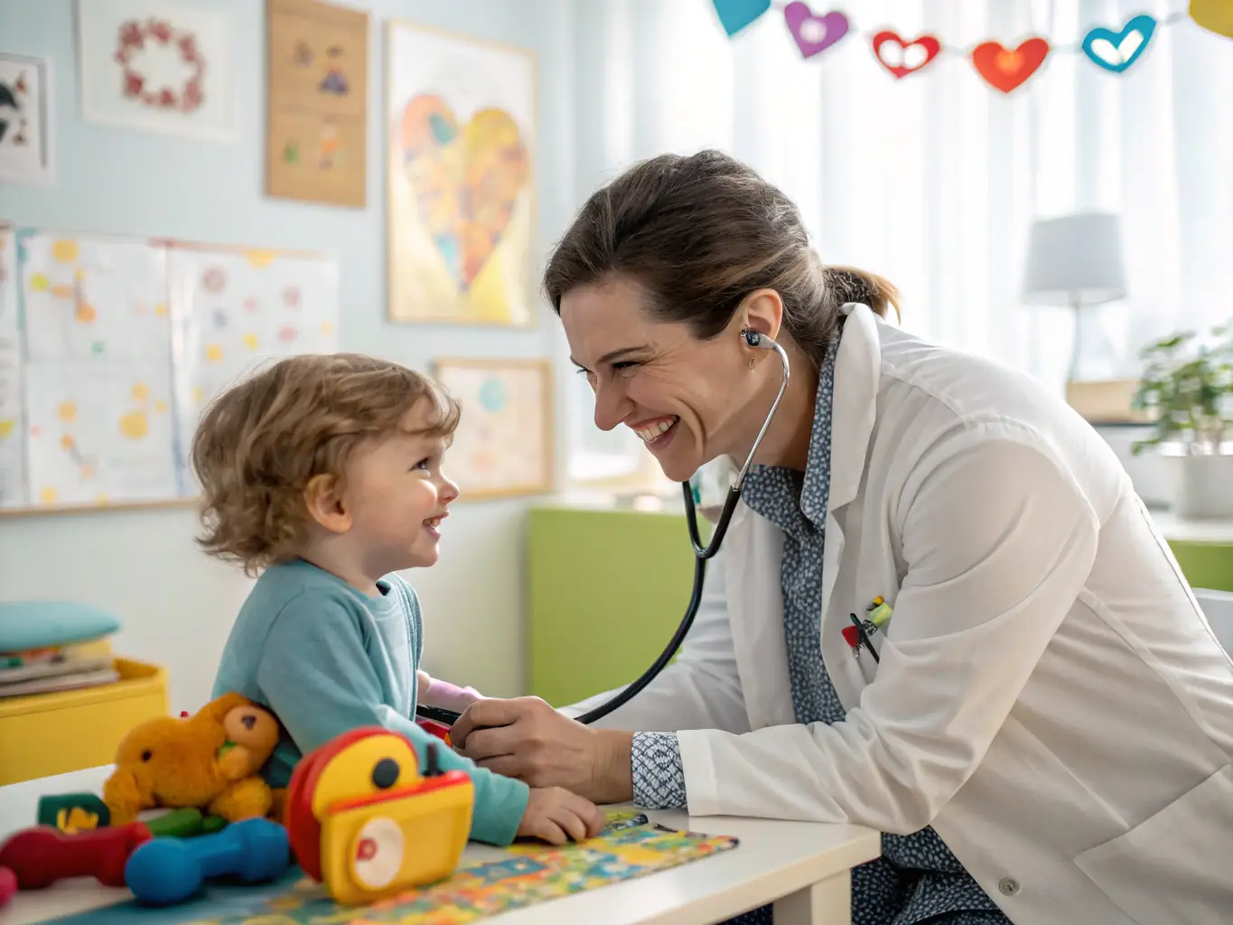 A pediatrician interacting with a young child during a check-up at Valens Clinic. The scene should convey a sense of trust and care.