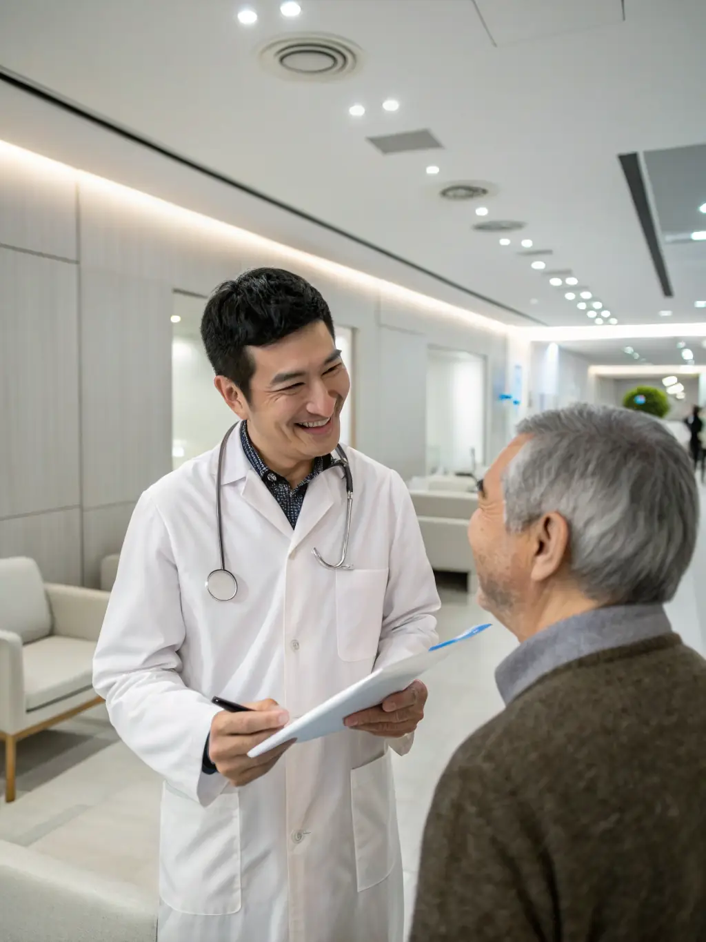 A friendly doctor in a white coat smiling at a patient during a routine check-up at The Valens Clinic, emphasizing the clinic's commitment to primary care.