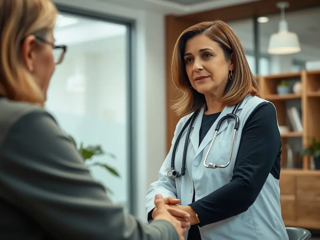 A doctor is conducting a routine check-up on a teenage patient, discussing their health concerns in a private and confidential setting. The patient appears comfortable and engaged in the conversation.
