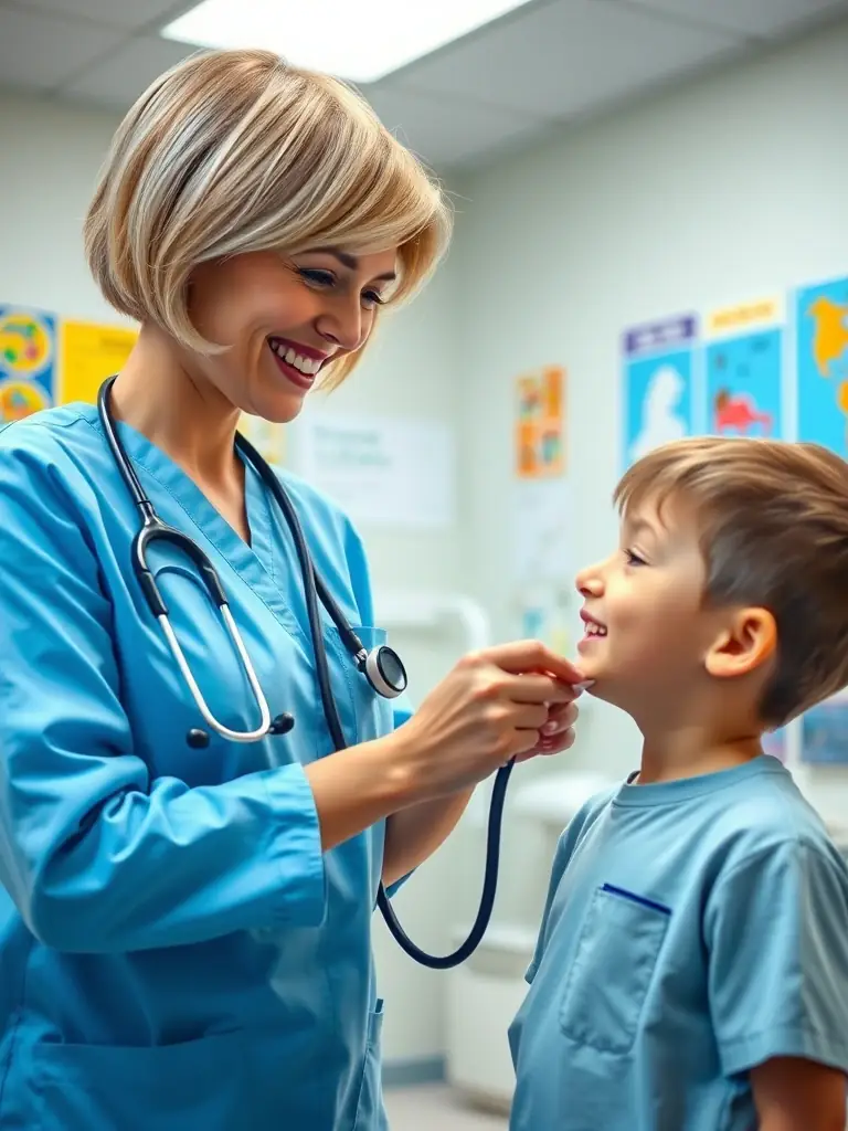 A young boy smiling while a doctor checks his heartbeat with a stethoscope during a routine check-up at The Valens Clinic.