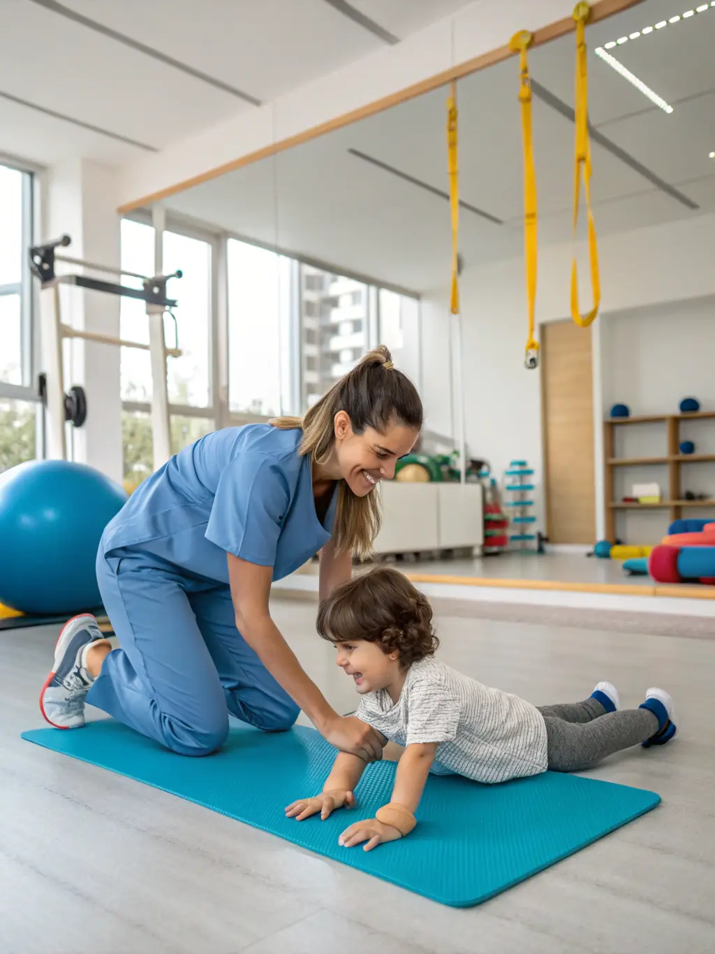 A pediatric physical therapist guiding a young child through exercises in a colorful and engaging therapy room at The Valens Clinic.