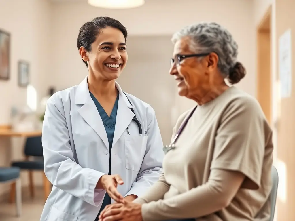 A friendly doctor in a white coat smiling and consulting with a patient in a well-lit examination room, emphasizing the clinic's commitment to personalized care during general medical consultations.