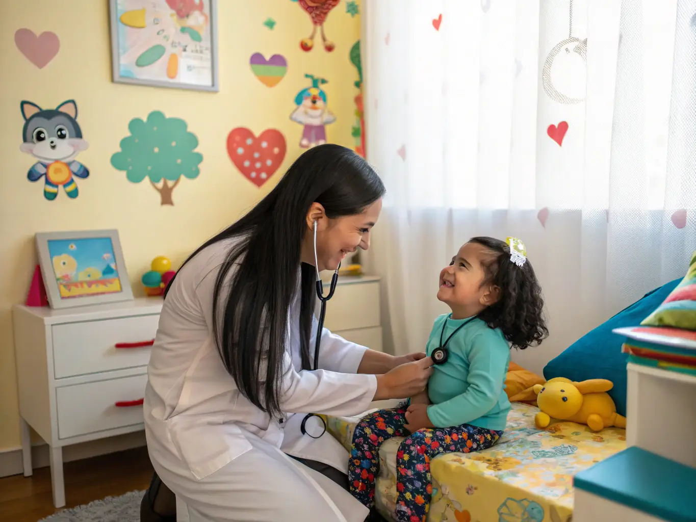 A cheerful pediatrician interacting with a young child during a check-up, highlighting the clinic's focus on providing gentle and comprehensive pediatric care.