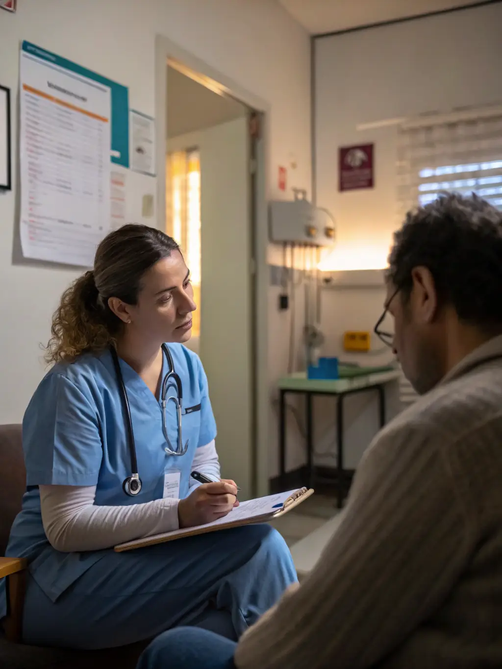 A friendly clinician consulting with a patient in a modern, well-lit clinic room, representing Primary Care services at The Valens Clinic.