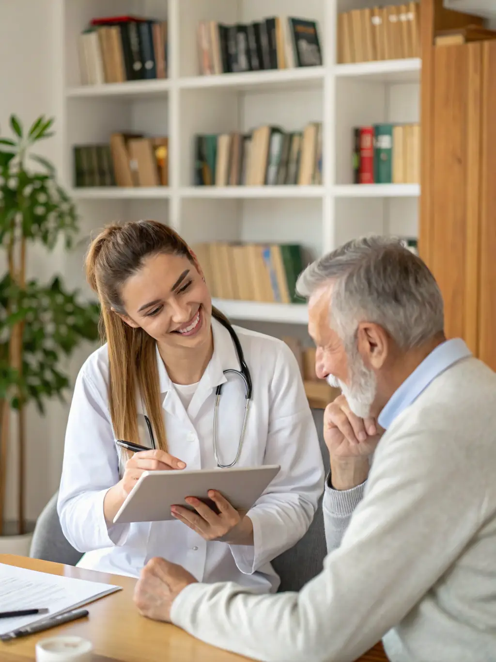 A clinician discussing test results with a patient in a consultation room, illustrating Specialist Consultations at The Valens Clinic.
