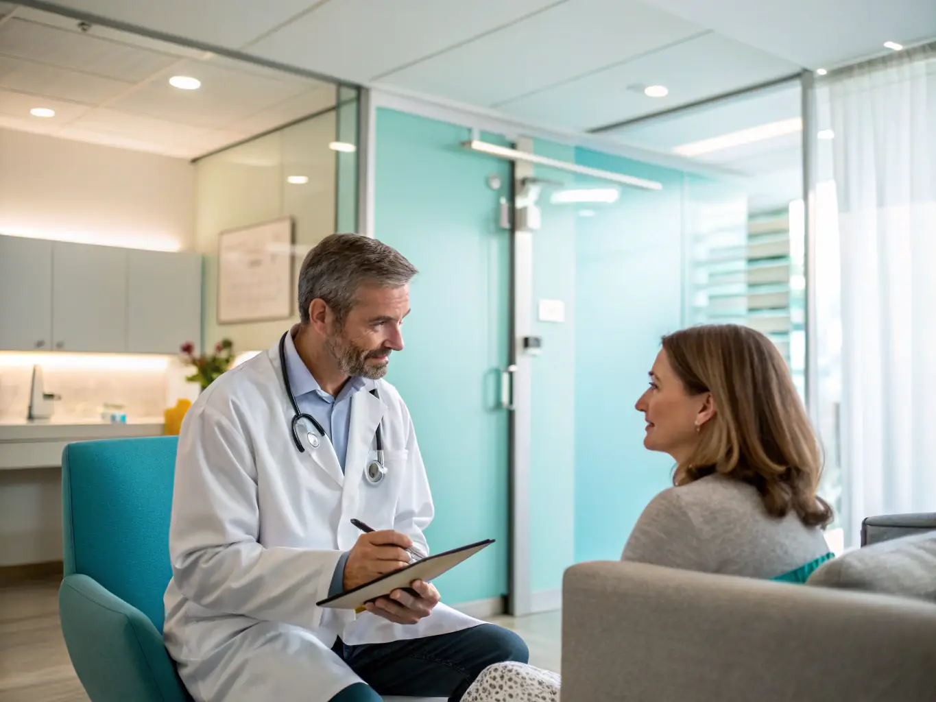 A healthcare professional discussing a chronic disease management plan with a patient at Valens Clinic. The setting is a comfortable consultation room.