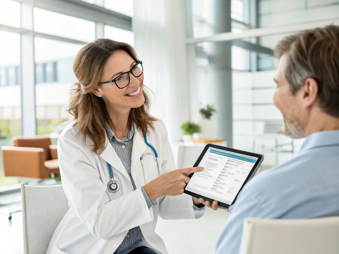 A friendly doctor explaining a treatment plan to a patient, emphasizing personalized care and patient education.